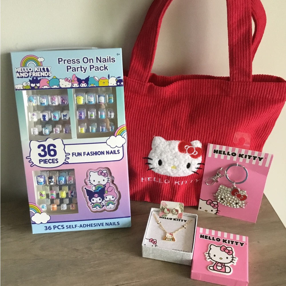 Hello Kitty Bundle-Tote, Necklace & Stud Earrings- Bag Charm/Keyring & Nails NWT